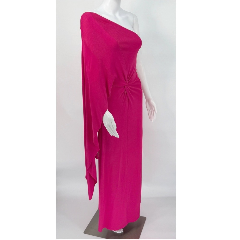 Zara Pink One Shoulder Cape Sleeve Knot Front Ribbed Knit Maxi Dress L 102-65 - Picture 16 of 16
